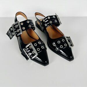 Steve Madden Graya Black Patent Studded Buckle Slingback Flats Size 8.5